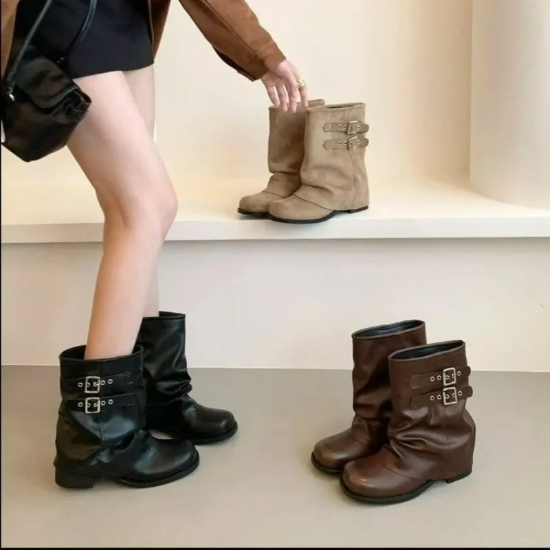Vintage Vintage Buckle Slouchy Mid Calf Boots,Faux Leather Fold Over Booties, Invisible Height Increasing Retro Western Streetwear Shoes - Aliexpress Deal
