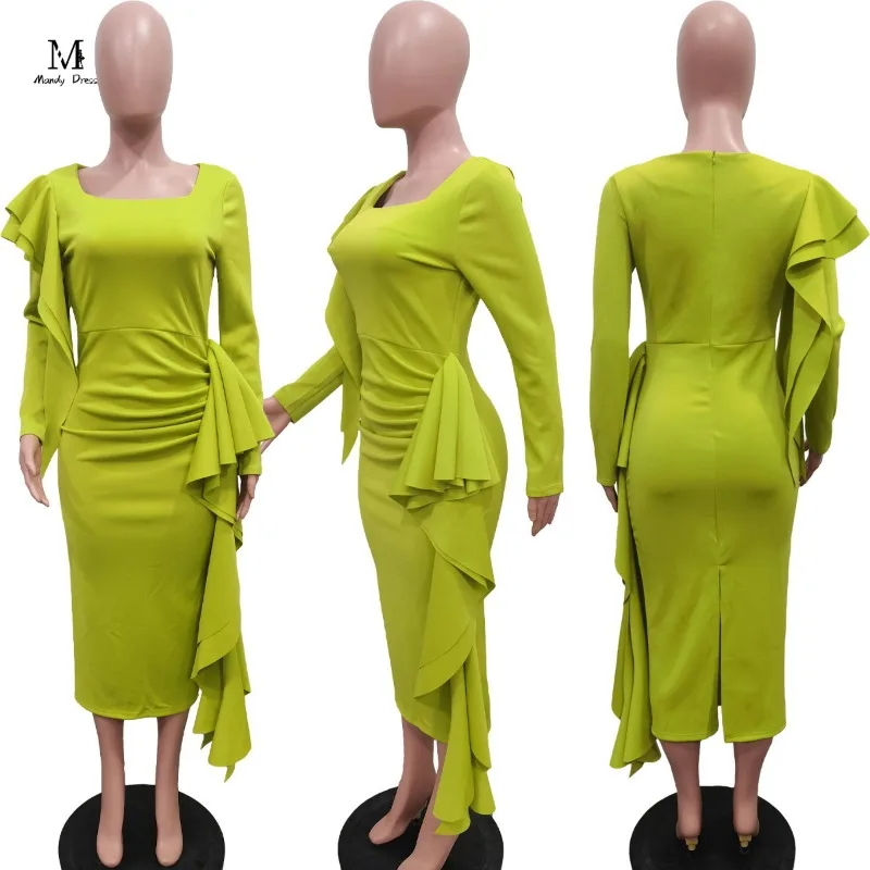 Chic Women Midi Dress Square Collar Ruffled Long Sleeve Gown Fall Winter Office Lady Bodycon Casual Green Dresses New IN