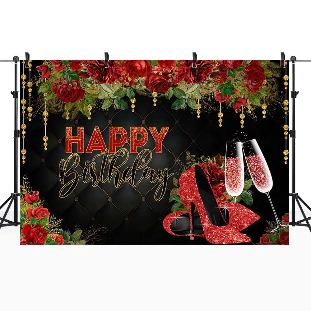 Mocsicka Chúc Mừng Sinh Nhật Phông Nền Chụp Ảnh Người Phụ Nữ Sinh Nhật Đỏ Hoa Hồng Cao Cấp Họ Trang Trí Tiệc Ảnh Nền Photocall