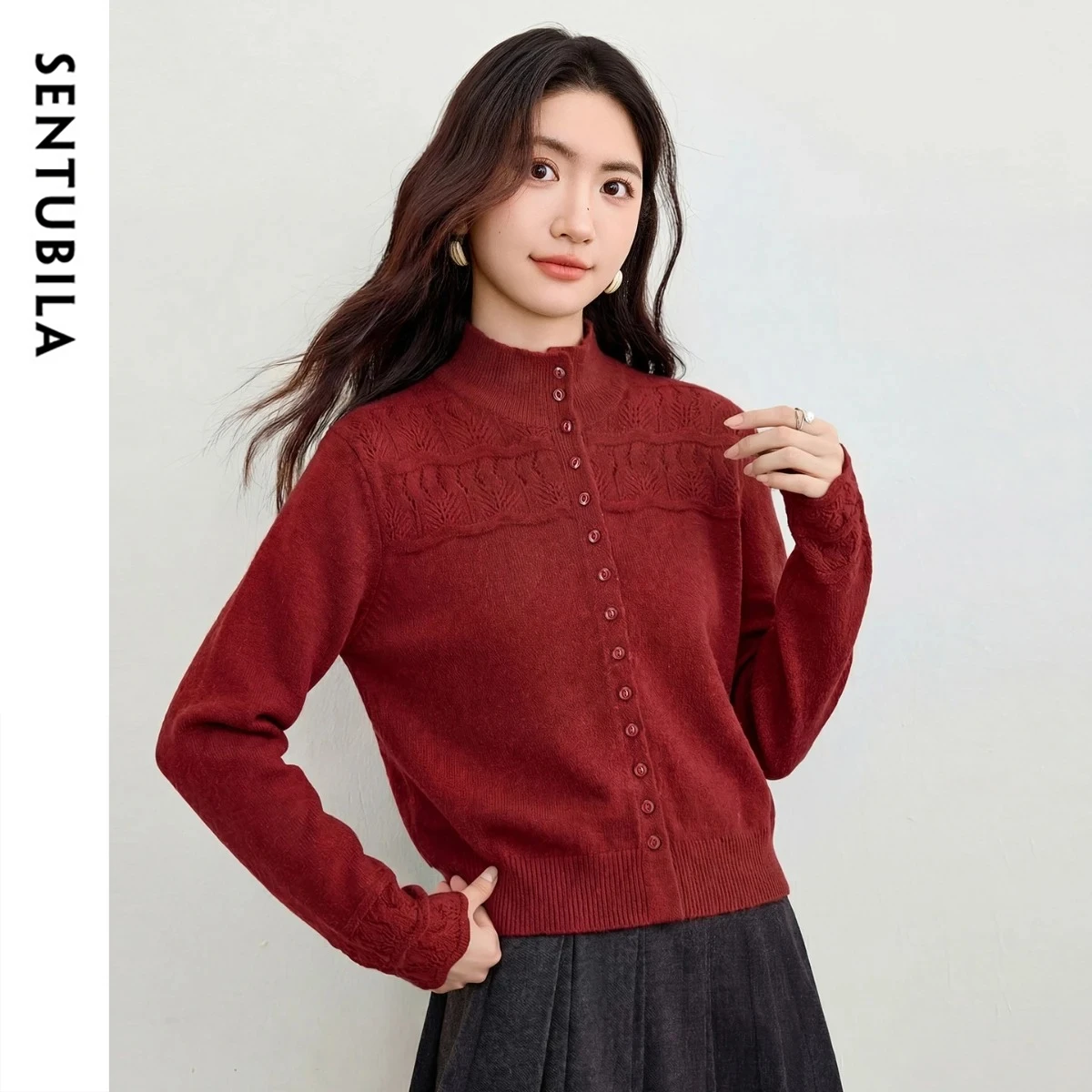 SENTUBILA Women Knitted Cardigan 2026 Spring Fall Wool Blend Stand Nack Hollow Wave Pattern Knitwear Ladies Clothing W61EA6550