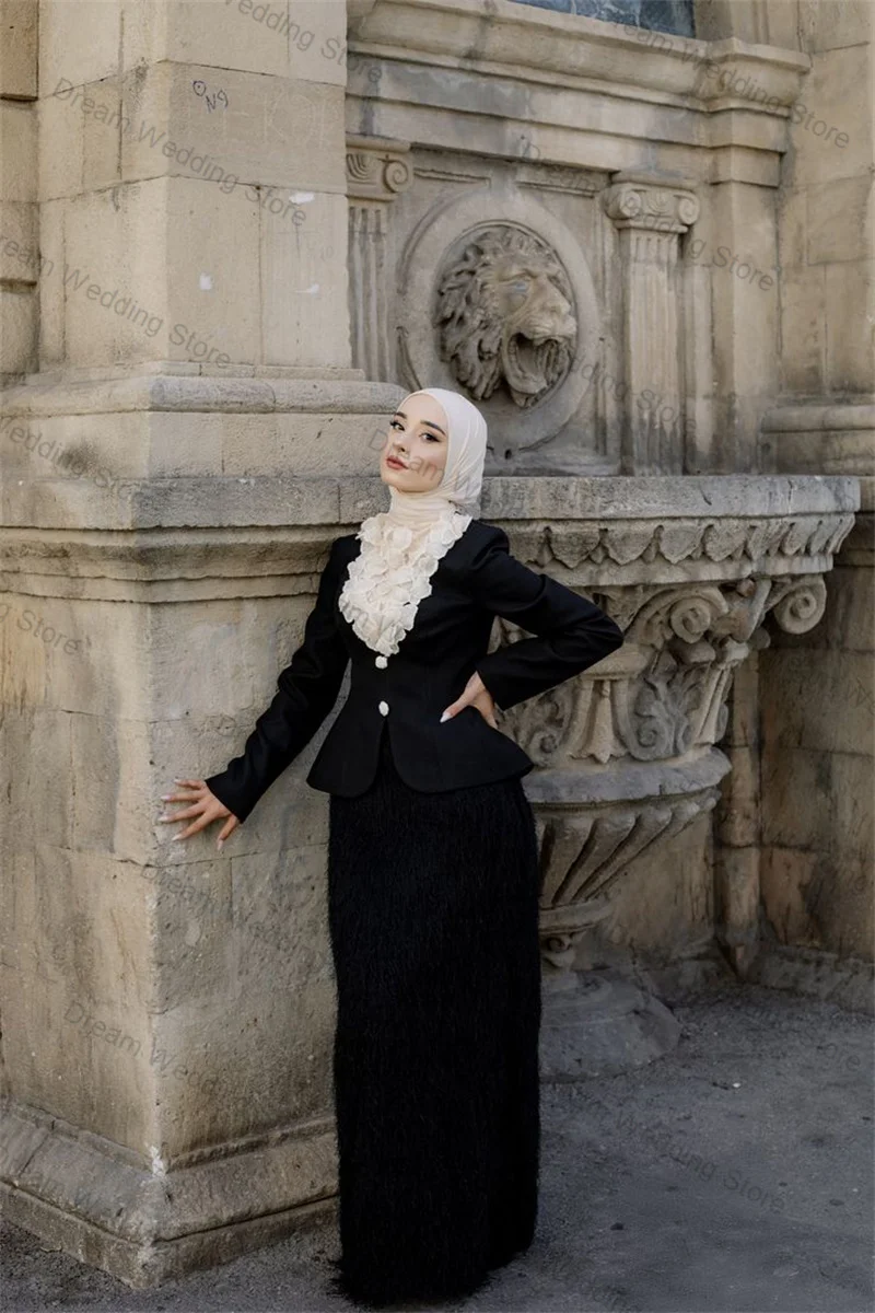 

Black Women Suit Skirt Set 2 Pcs Blazer Prom Dress White 3D Flower Formal Office Lady Jacket Customized Wedding Tuxedos Coat