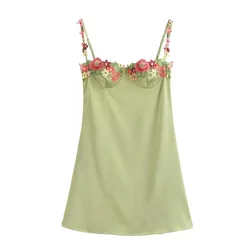 TRAF Summer Like Silk Party Dress Floral Embroidery Spaghetti Straps Women Mini Dress Sexy Green Satin Dresses