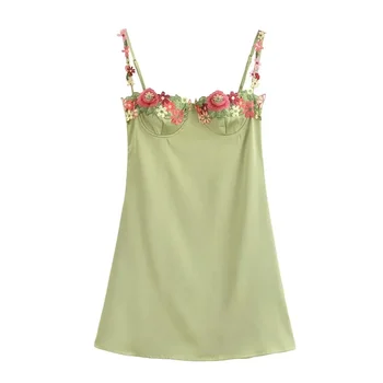 TRAF 여름 실크 파티 원피스 꽃 자수 스파게티 스트랩 여성용 미니 원피스, 섹시한 녹색 새틴 드레스 
