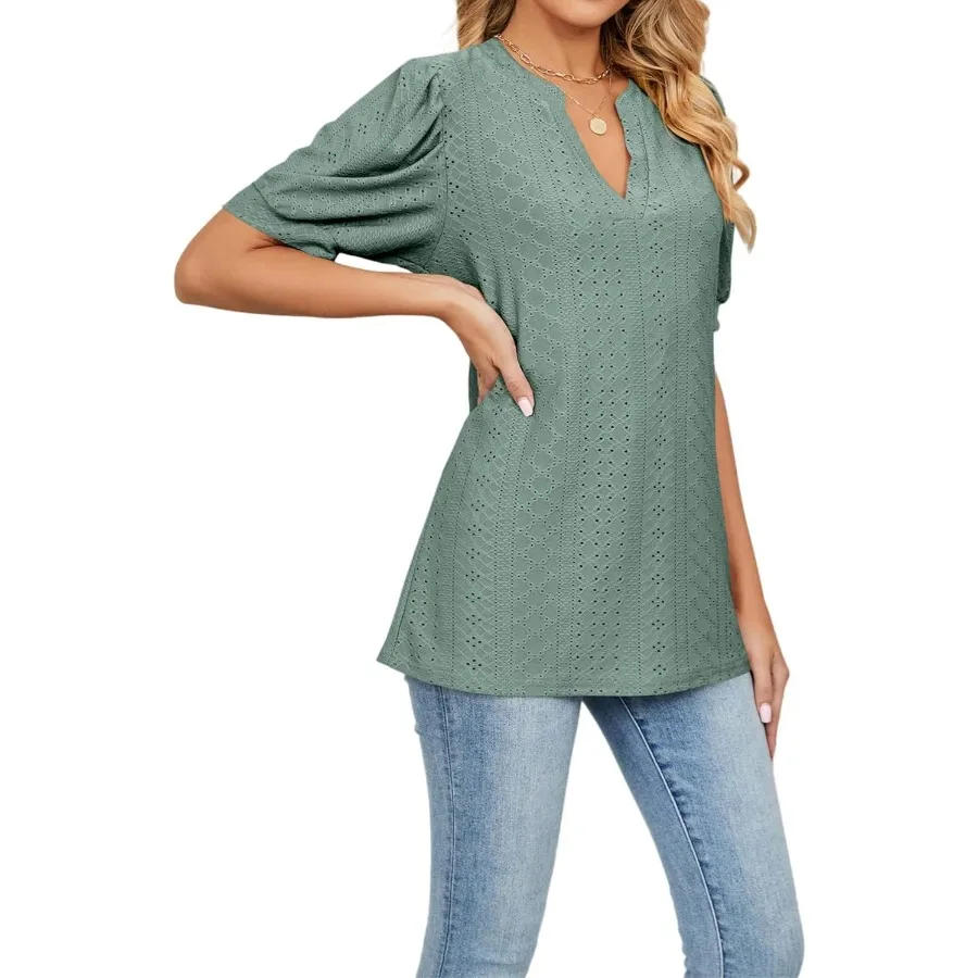 Dames zomer blouse met V-hals, ruches aan de mouwen, casual top-T-shirt met korte mouwen