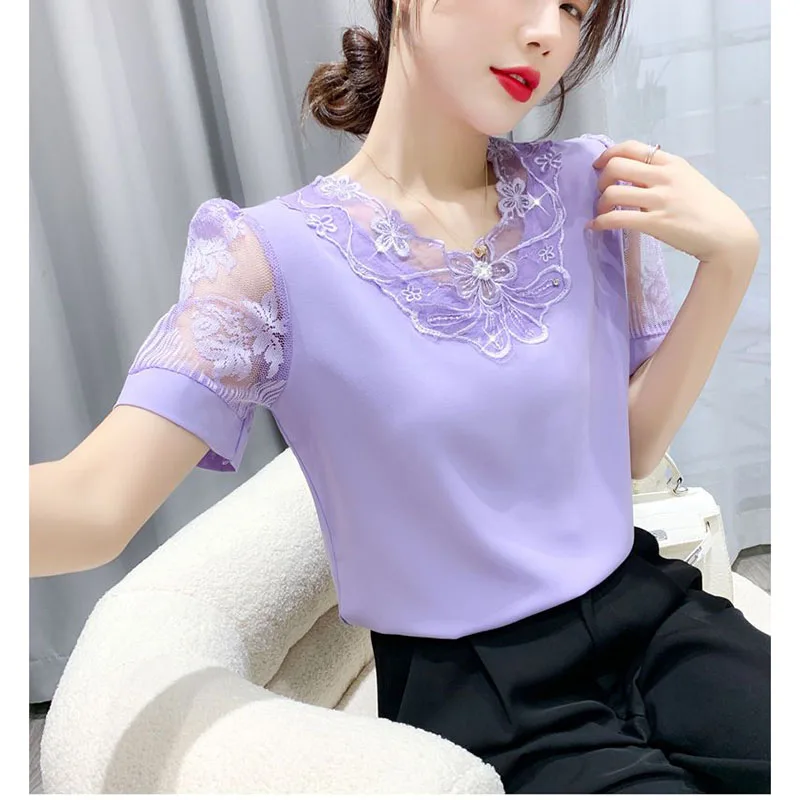 Spring And Summer New Chiffon Shirt Ladies Short Sleeve Fashion Blouse Loose Joker T-shirt Ladies Slim Solid Color Simple Top