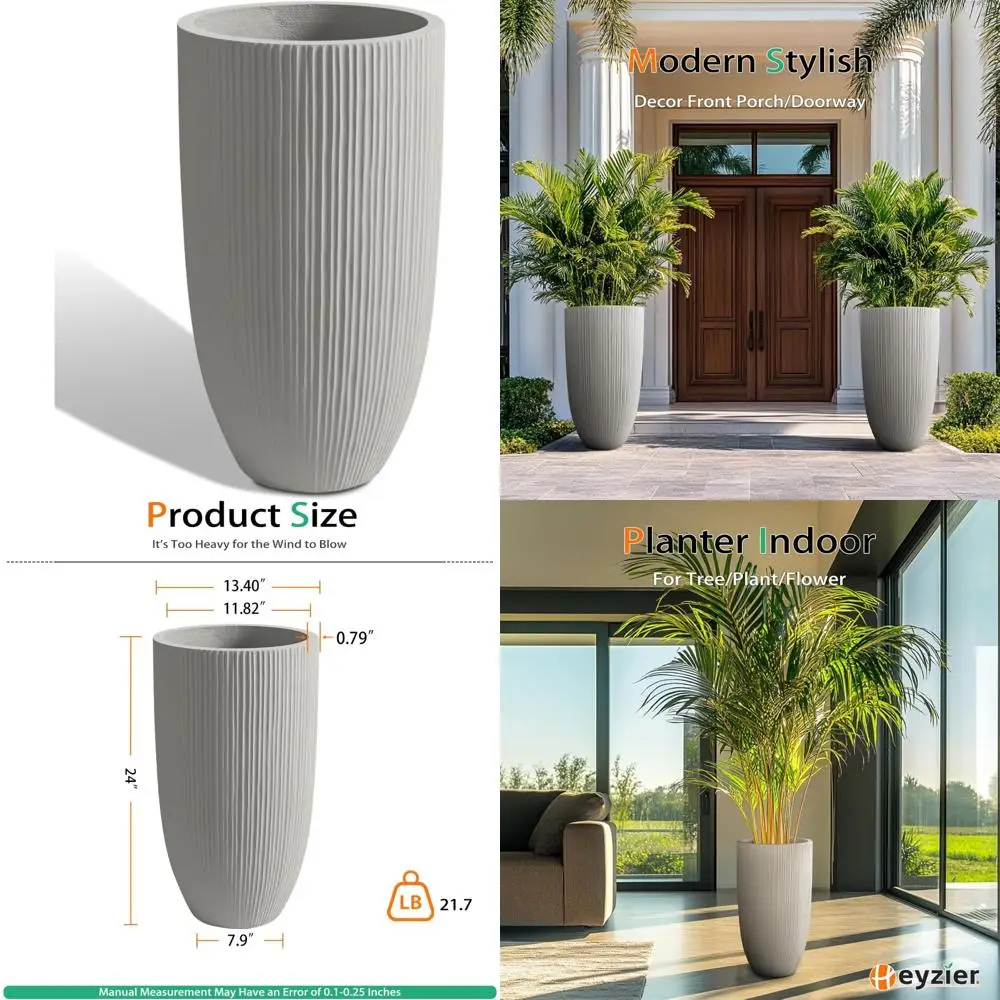 

Large Vertical Gray Concrete Planters for Outdoor Gardens, Patios, and Front Porches - 24 Inch Tall Flower Pots for Indoor Use