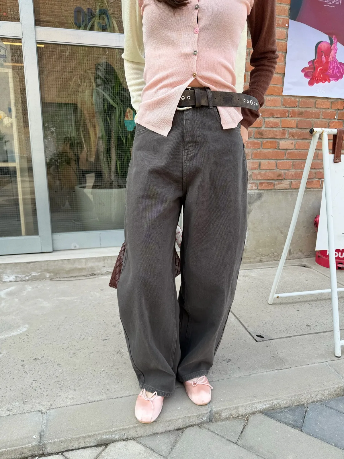 

Deep Grey Vintage Loose Wide Leg Jeans Women's Casual Long Pants Acrab Brand Spring 2026 Natural Waist Denim Fabric Zipper Cl...