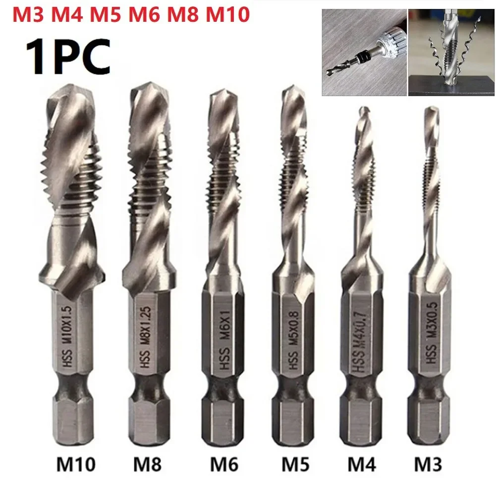 1Pcs Tap Drill Bit Set Hex Shank Thread Metric Tap HSS Threaded Bit Screw Machine Compound Tap-M10 Taps Hand Tools Silver