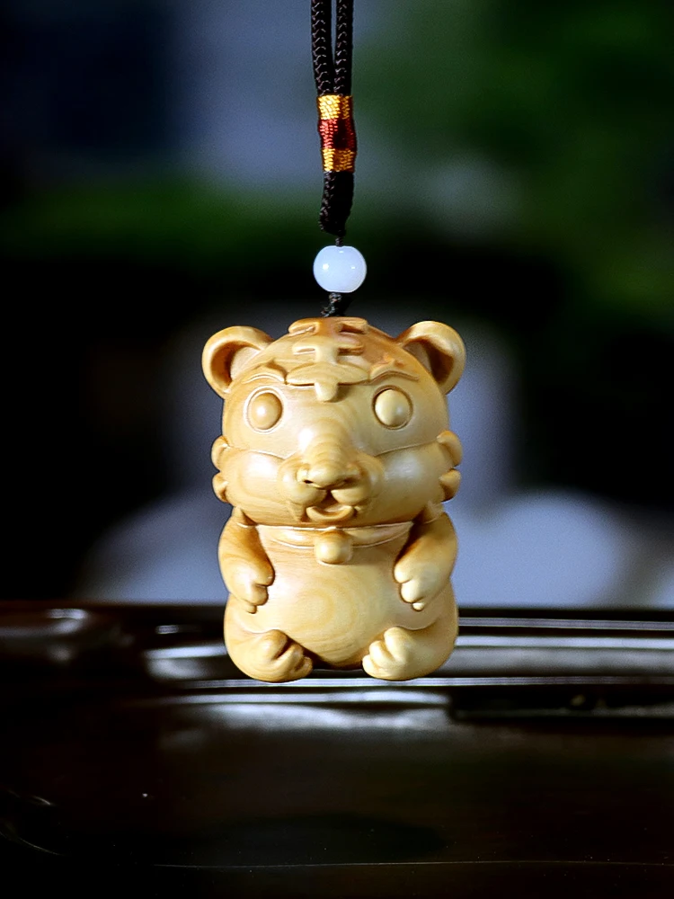 Solid Wood Miniature Tiger Sculpture, Hand-Crafted Boxwood Zodiac Emblem, Ideal Car Pendant, Living Space Accent