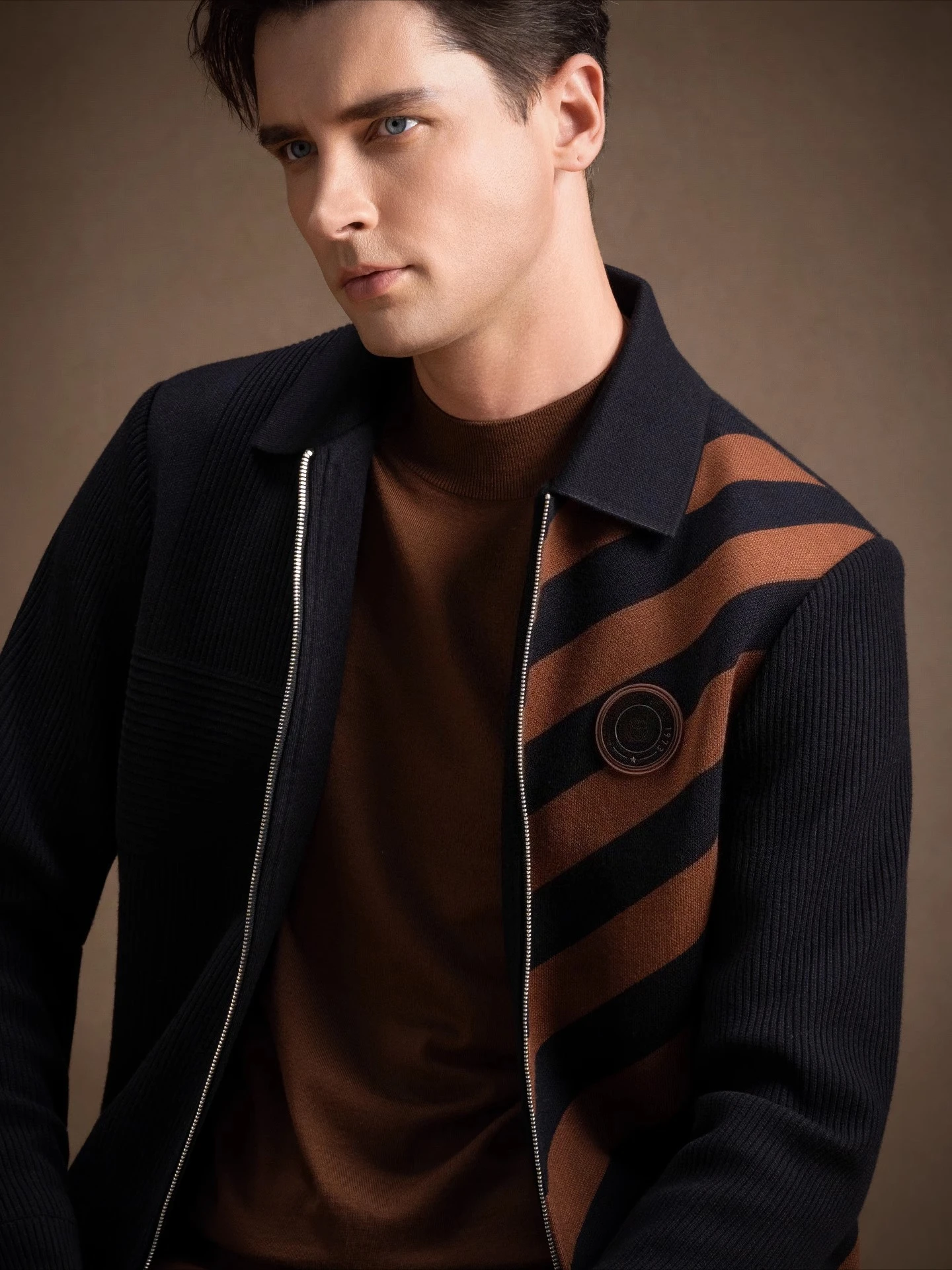 Spring and Autumn New Men's Jacket, High End Fashion Collar Casual Zipper Striped Knitted Jacket