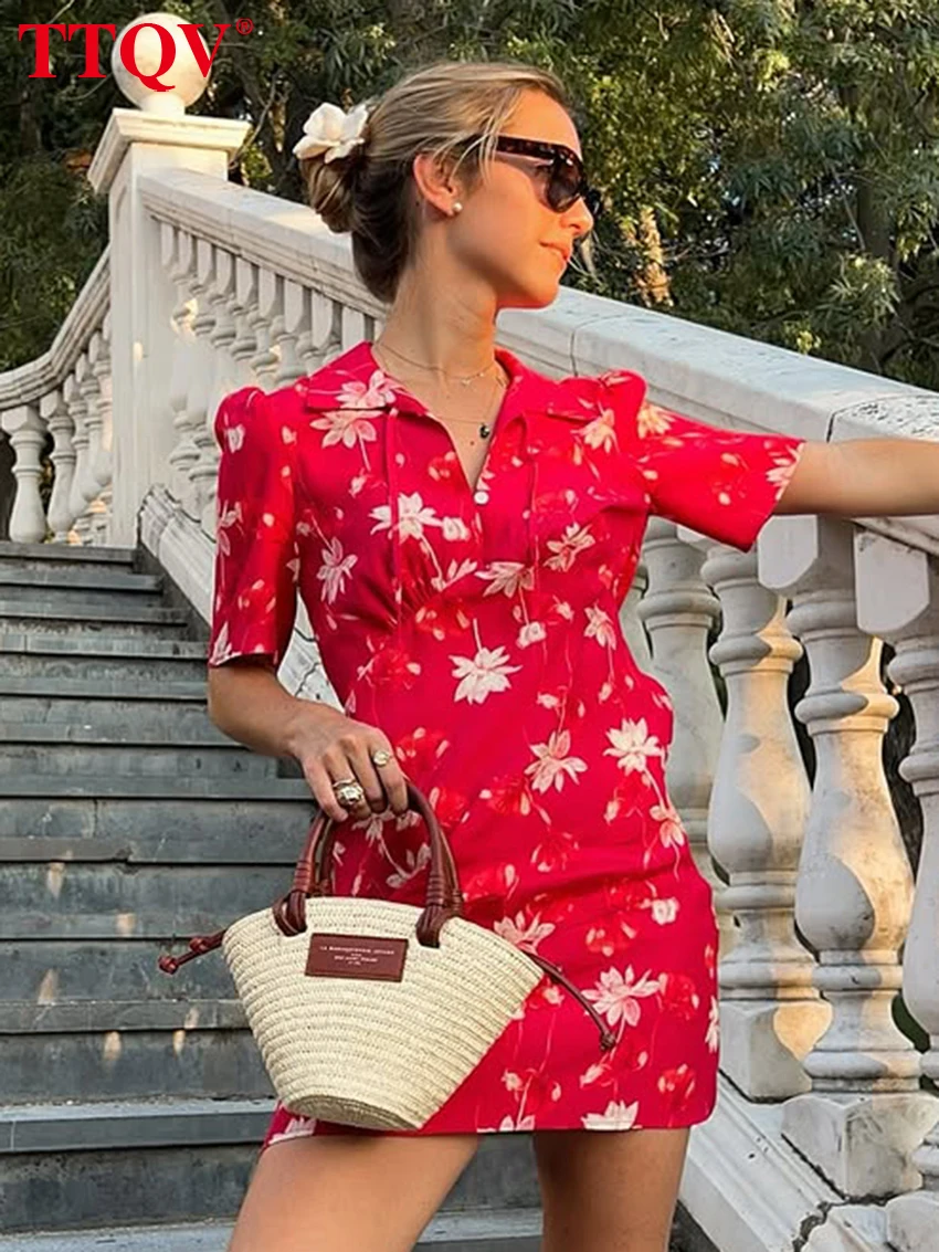 

TTQV Summer Loose Print Women's Dress 2026 Fashion Lapel Short Sleeve Mini Dresses Lady Elegant Classic Female Dress Streetwear