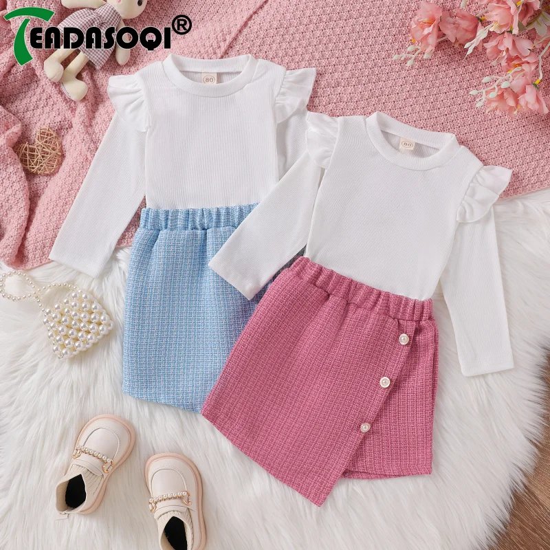 

Женский осенний костюм для девочек, Трикотажный костюм из твида с длинными рукавами-фонариками и асимметричными кюлотами, комплект из 2 предметов