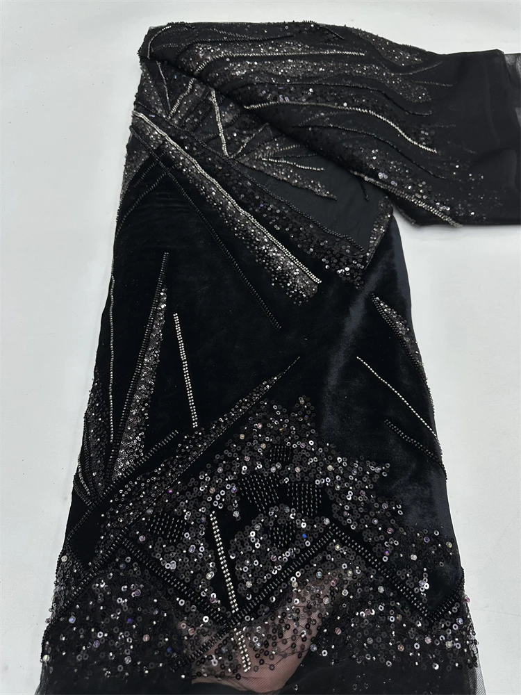 

Black nigeran velvet lace fabric 2026 african beads sequins lace high quality groom african party dress for 5yards