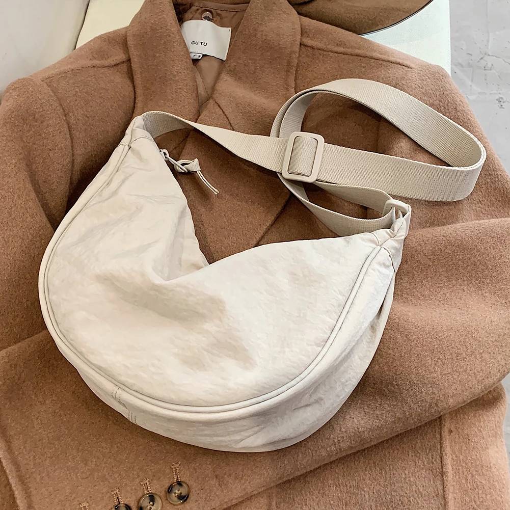 Women Crossbody Bag Solid Color Cloth Dumpling Messenger Bag Large Capacity Underarm Pouch Adjustable Strap Shoulder Bag Purse