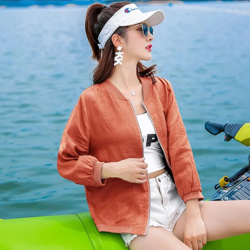 

Women Jacket 2023 New Summer New Korean Fashion Loose Versatile Baseball Coat Women's Cotton Hemp Thin Top Sunscreen Clothes 3XL