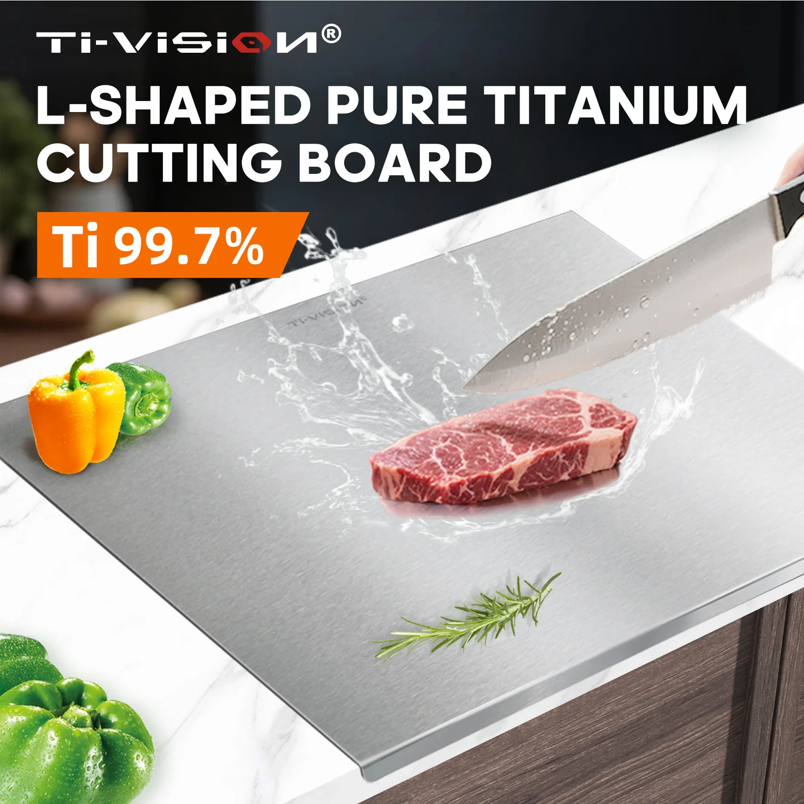 Titanium Cutting Board with Counter Lip - Food - Grade, Multi - Size, Space - Saving, Easy - Clean, for Kitchen & Outdoor Use