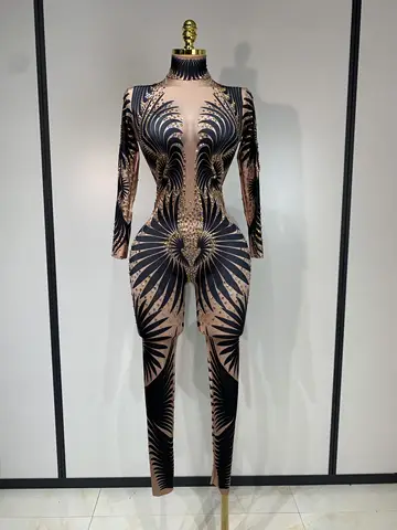 Sexy Lange Ärmel Drucken Strass Overalls Drag Queen Zeigen Bühne Leistung Kostüm Frauen Abend Party Nachtclub Strampler