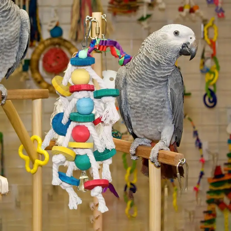 Parrot Shredder Toys Bird Beak Trimmer Grinding Blocks Metal Hook Design Parrot Cage Bite Toys Wooden Bird Blocks For Conures