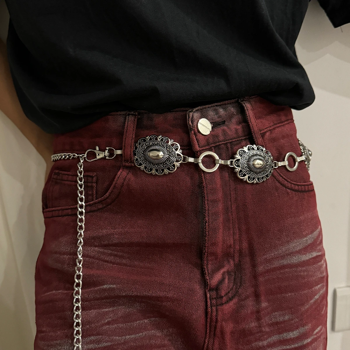 Cinturón de Cadena Metálica Vintage Plateado con Diseño Floral, Marcas de Lujo, Estilo Punk Y2K, Cinturón Dorado para Vestidos y Jeans, Cinturones de Moda para Mujer