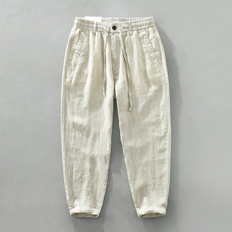 

2023 New Pure Linen Men Casual Pants Solid Straight Breathable Trousers Male Tourism Holiday Pant