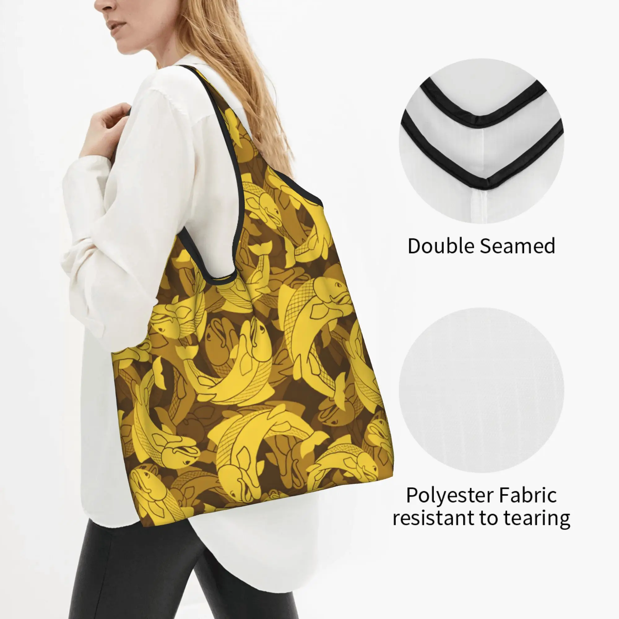 Golden Japanese koi Fish Groceries Tote Shopping Bag Women Fashion Traditional Oriental Style Shopper Shoulder Bag Handbags