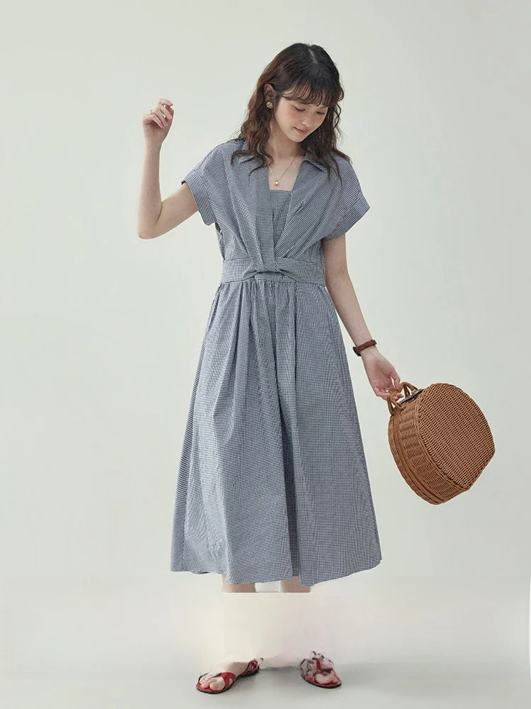 

AMUU Original Black White Plaid Knot Short Sleeve Women's Dress Summer New Waist Cinched A-Line Midi Skirt Casual Style