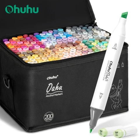 Ohuhu Oahu Conjunto de canetas marcadoras de 200 cores, marcadores de arte com álcool, pontas duplas, caneta de feltro, esboço, desenho, grafite, mangá, material escolar de arte