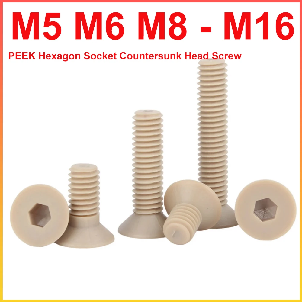 M5 M6 M8 - M16 PEEK Hexagon Socket Countersunk Head Screw Insulation Plastic Allen Flat Bolt High Temperature Resistant Fastener