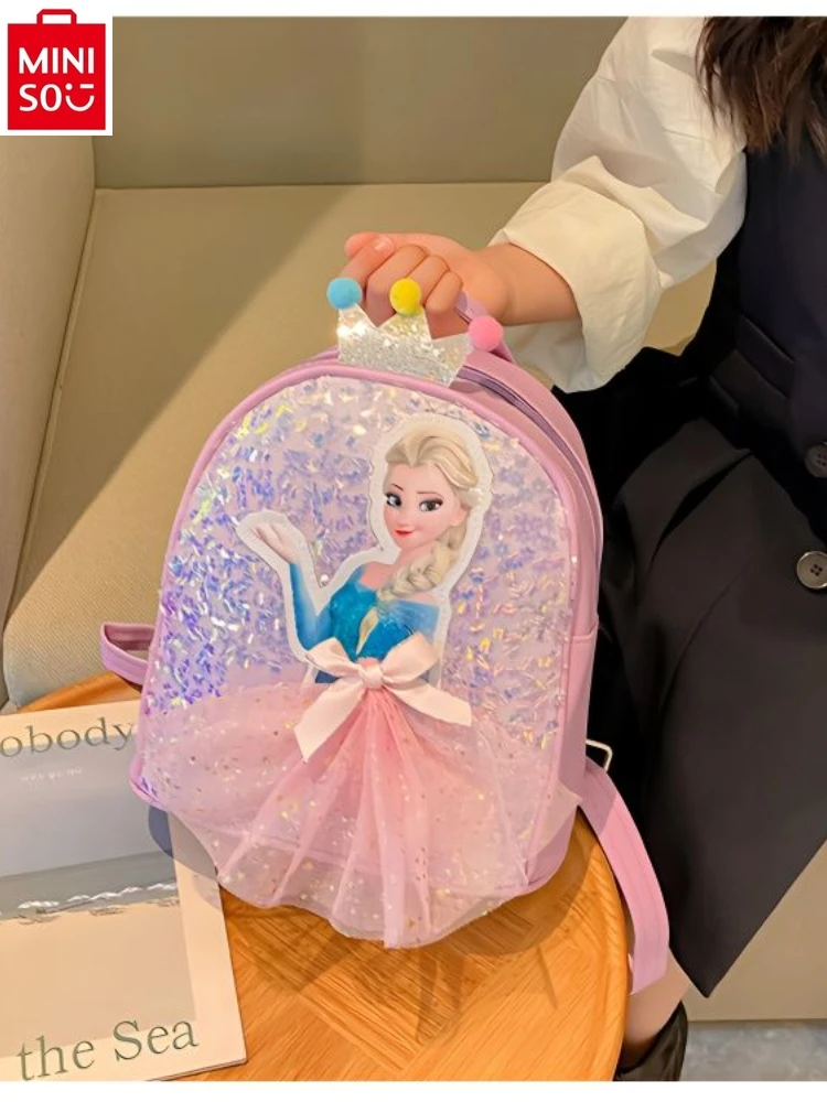 Miniso 2024 neue Cartoon Elsa Prinzessin 3d Pailletten Kleid Bogen Rucksack leichte und süße Kinder rucksack