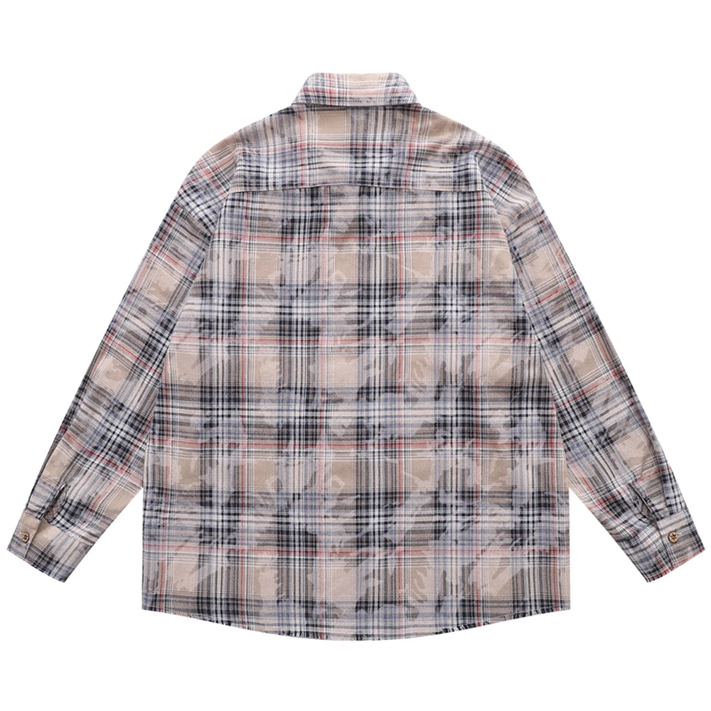 Tie Dying Plaid Button Up Casual Men's Shirt Cotton Spring Long Sleeved Shirts for Man