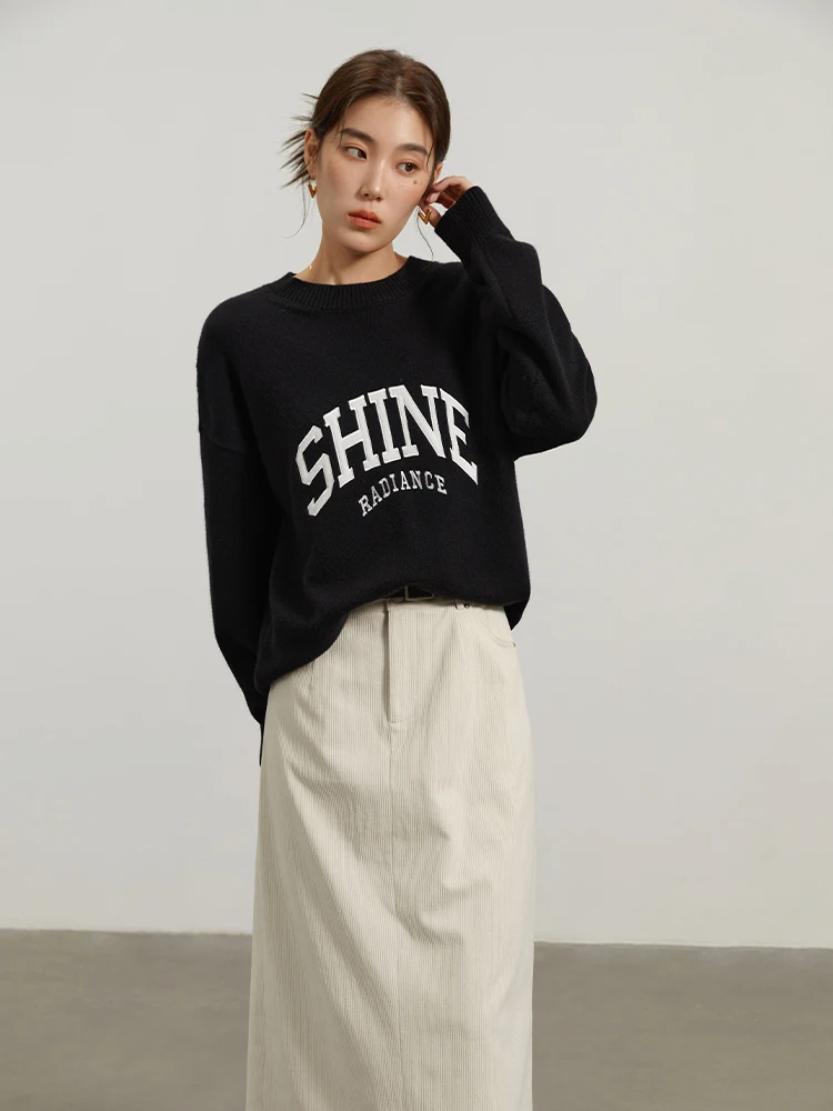 DUSHU Women's American Letter Printing Round Neck Vintage Sweater Winter 2022 New Fashion Top Black Grey Women Sweaters