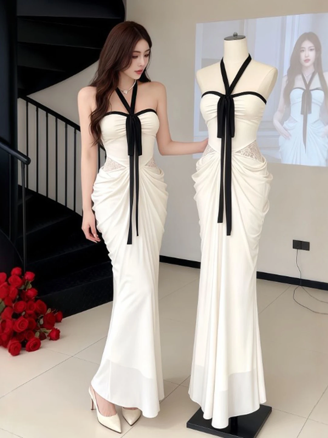 

Unique Pure Desire Sexy Neck Hanging Strap Bodycon Long Dress Spring 2026 Season Cotton High Waist Knot Dress