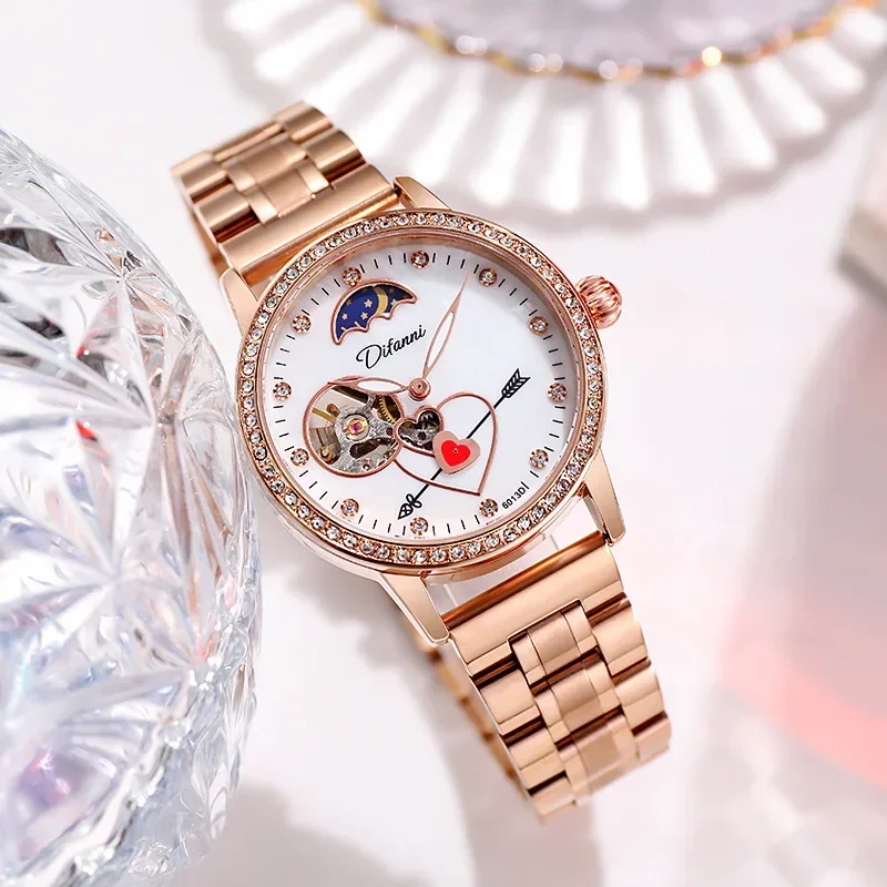 Women's Mechanical Watch with Diamond Tourbillon Moon Phase Waterproof Luminous Women's Watch Casual Automatic Sports Watch