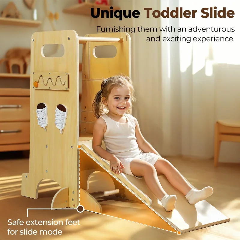 برج طفل صغير 4 في 1 مساعد مقعد مطبخ للأطفال الصغار برج قائم قابل للتعديل لطاولة المطبخ مع لوح أمان، منزلق، Ch