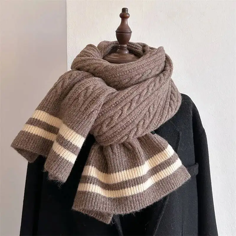 

Elegant Korea Style Stripes Twist Knit Scarf Unisex Winter Warm Neckerchief Students Fashion Vintage Scarves