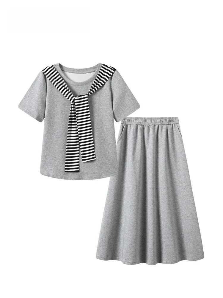 

Summer New Style Cara CLUB plus Size College Style Set Women's Short Sleeve T-Shirt Half Skirt with Shawl Anti-Aging