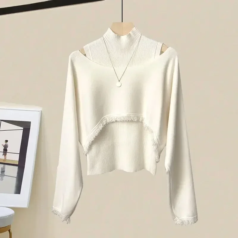 2025 primavera otoño nueva elegante cubierta de borlas de punto + suéter inferior de cuello medio alto + falda Midi traje de vestir de 3 piezas para mujer ZL917