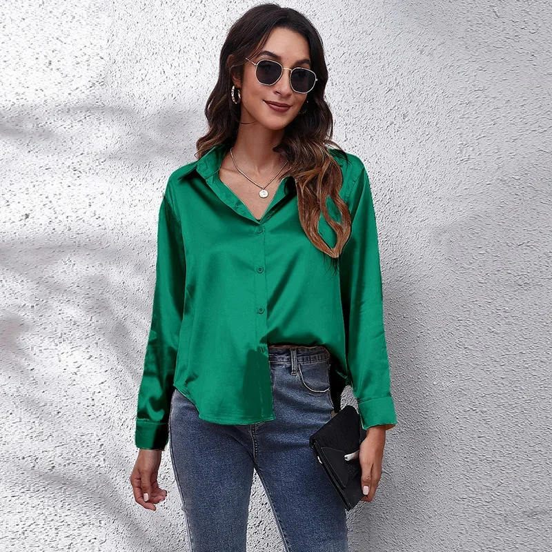 Spring Satin Shirt Women Loose Button Up Blouse Shirts Ladies Imitation Silk Long Sleeve Shirt for Women