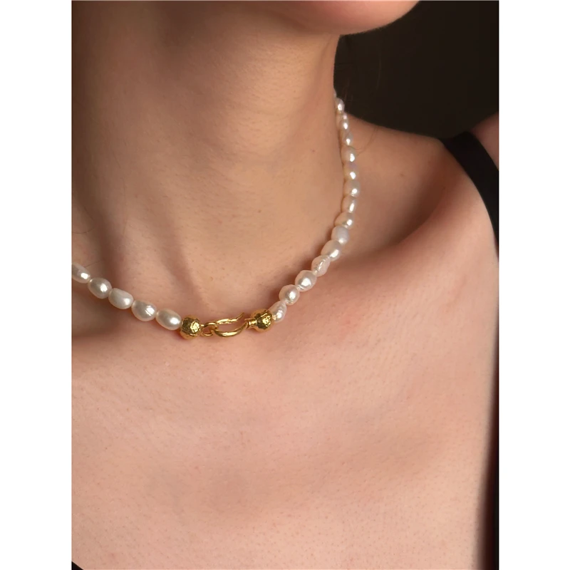 Brass With 18K Ball Linked Natural Pearl Necklaces Women Jewelry Punk Hiphop Designer Runway Simply Gown Boho Top Japan Korean