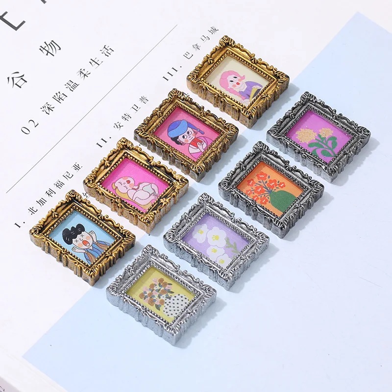 5Pcs Retro Gold Silver Frame Cartoon Oil Painting Decor Patch for Headmade Cream Gel Phone Case Hairpin DIY No-stick 3D Stickers