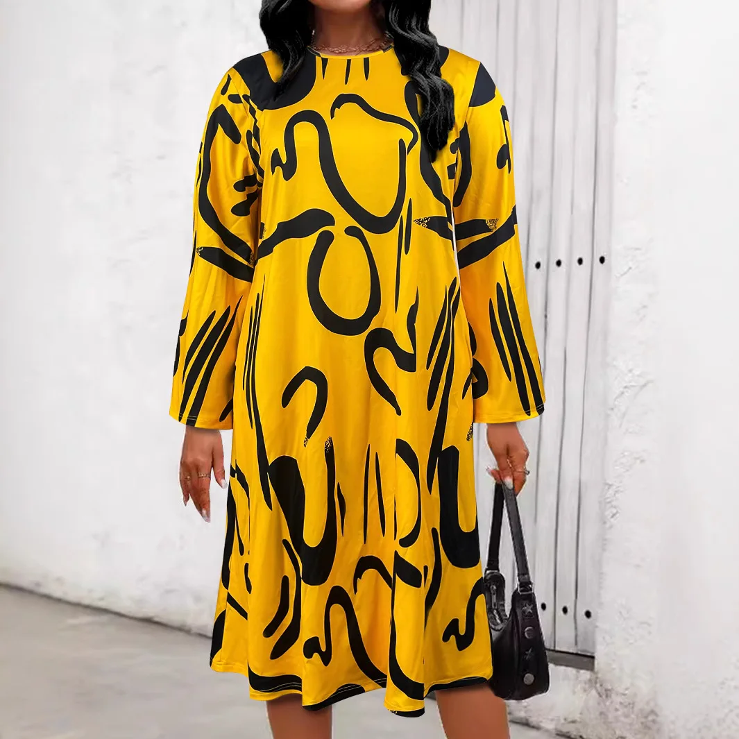 

Women's plus Size Orange Graffiti Design round Neck Long Sleeve Dress TM-019 Source Europe And America
