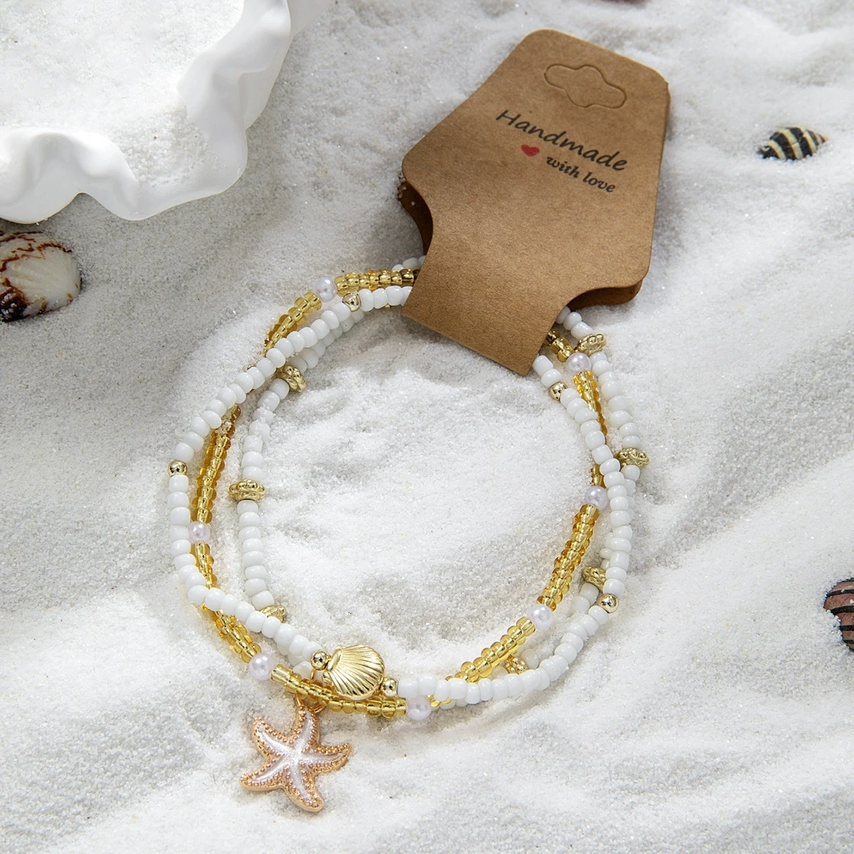 Conjunto de pulsera de vieira de estrella de mar bohemia para mujer, brazalete elástico de cadena con cuentas de arroz, joyería de playa para verano, 3 uds.