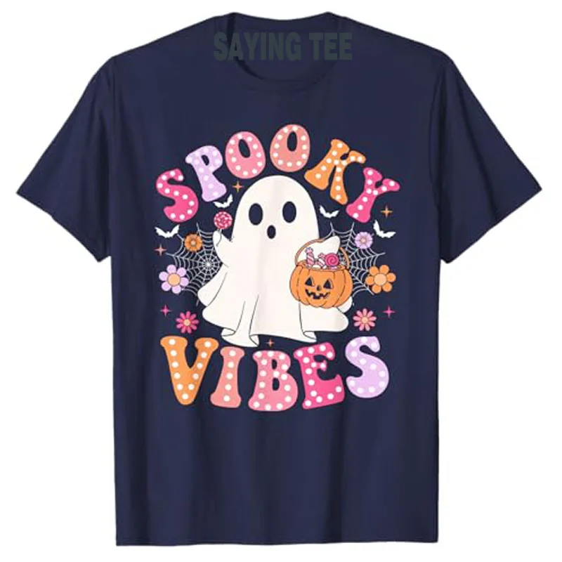 Spooky Vibes Ghost Retro Groovy Halloween Women Girls Kids T-Shirt Gift Humor Funny Cute Halloween Party Costume Saying Tee Tops