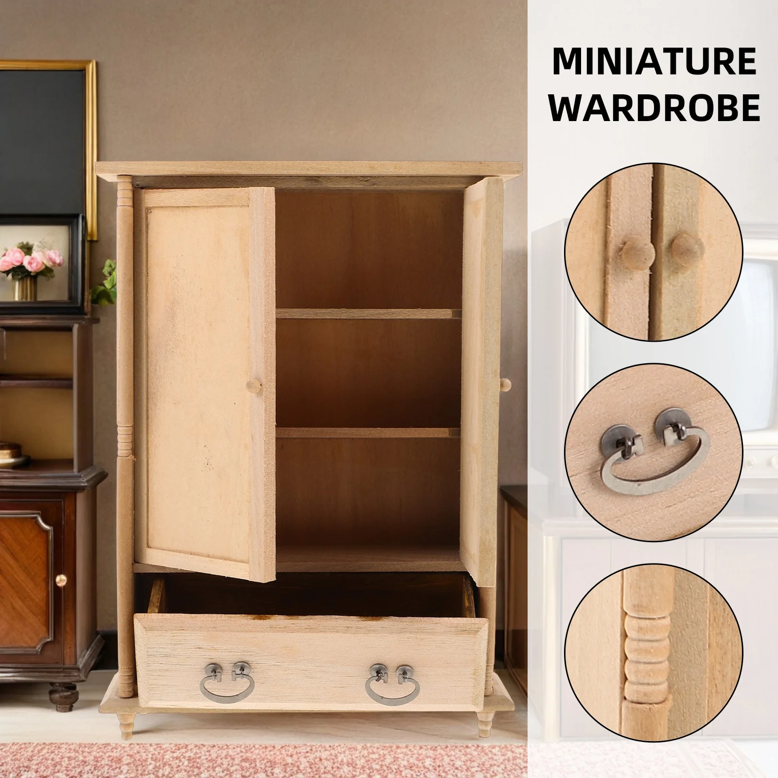 Armario Vintage de madera en miniatura 1:12, puerta doble para casa de muñecas, muebles de dormitorio, accesorios, armario para