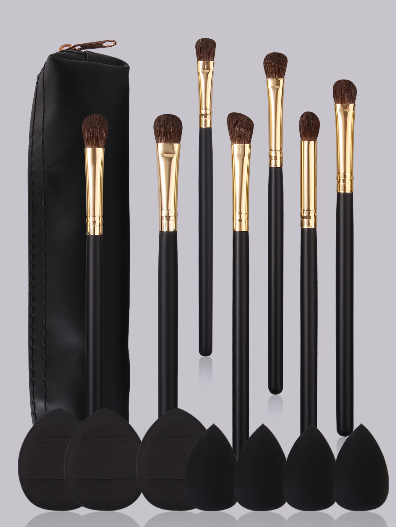 ชุดแปรงแต่งหน้า 7 ชิ้น ขนสัตว์ สำหรับแต่งตา + ไข่แต่งหน้าขนาดเล็กสีดำ 4 ชิ้น + พัฟแต่งหน้าขนาดนิ้วหัวแม่มือ 3 ชิ้น + กระเป๋าแต่งหน้าดีไซน์สวยงาม