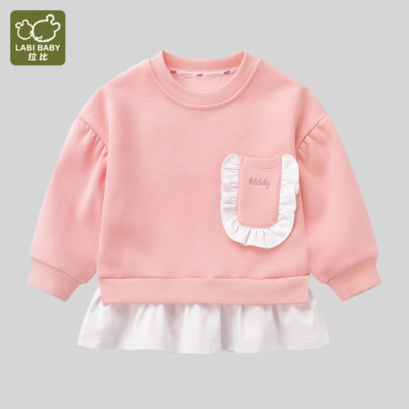 

2-6T LABI BABY Kids Girls Ruffles Sweatshirt Pink Color Pullover Tops Autumn Winter Warm Hoodies Toddlers Clothes Child Clothing