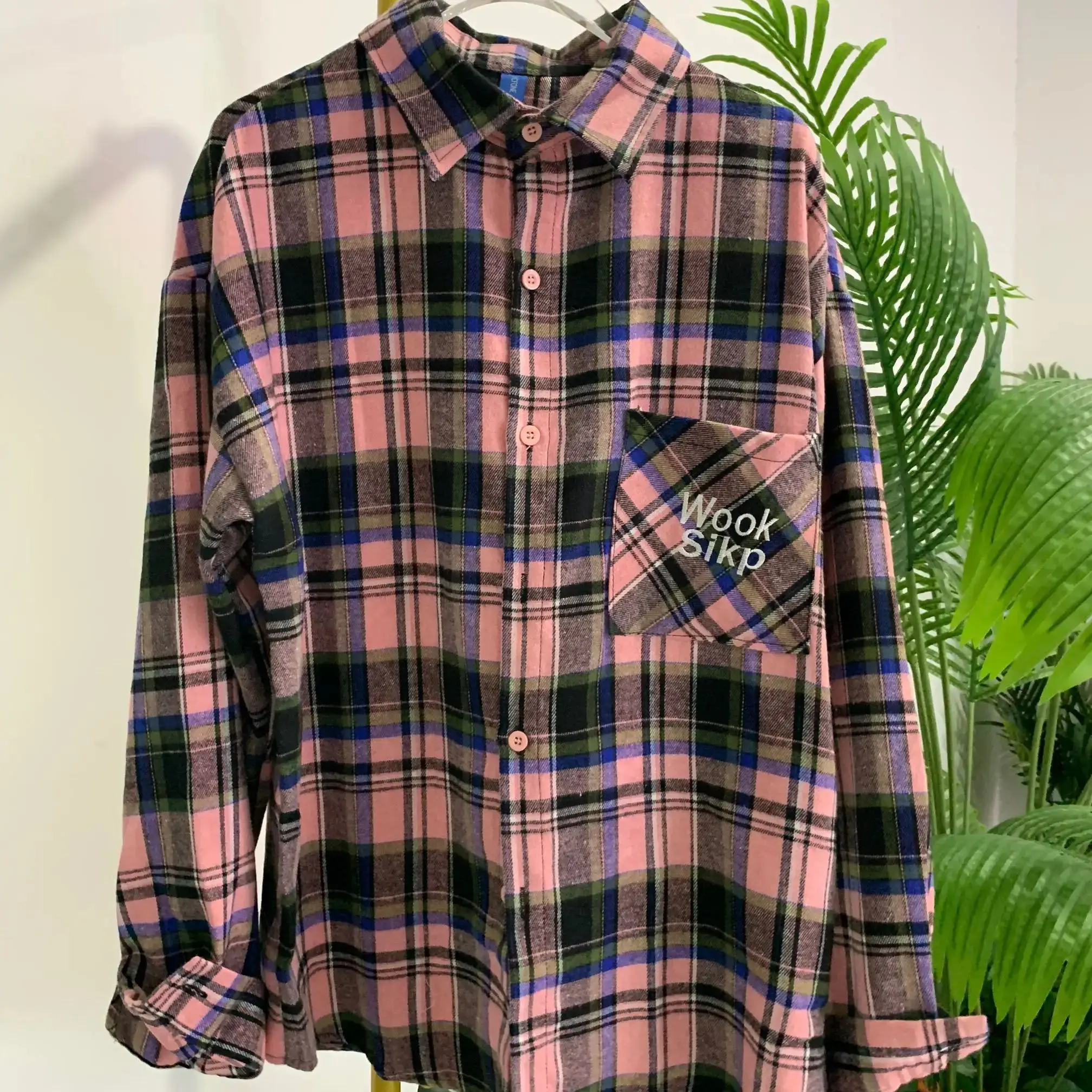 DAYIFUN 여성 핑크 체크 무늬 셔츠 미국 올 시즌 레터 포켓 긴 소매 의류 옷깃 칼라 캐주얼 다목적 탑