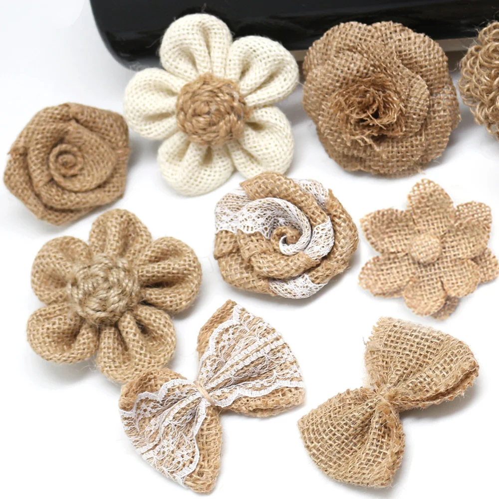 Pack Of 10 5.5cm Vintage Rustic Rose Flower Burlap Hessian Jute Wedding Decoration Natural Color AA8050