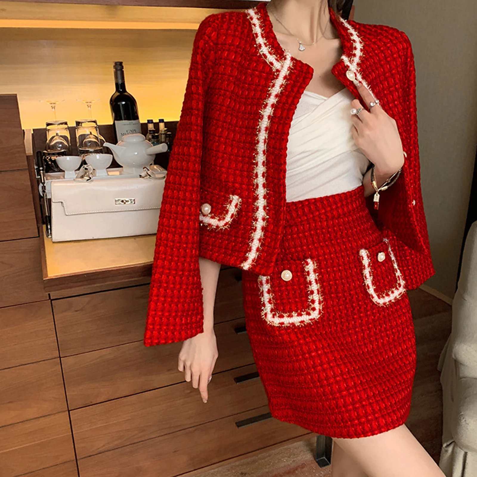 Small Fragrance Wind tweed Two Piece Set Women’s Red Temperament Outfit Cropped Coat+Mini Skirt Slim Fitting Elegant Suit Spring