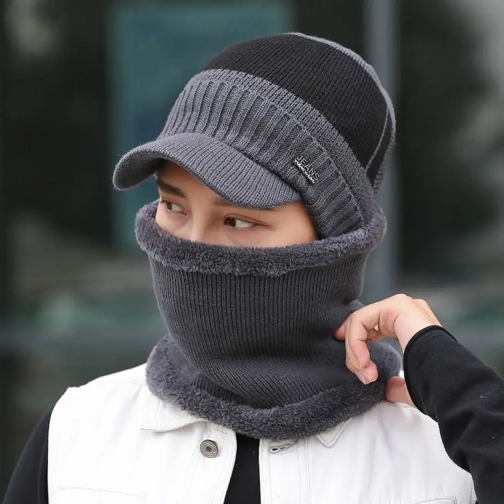 Moda traspirante inverno caldo cappello lavorato a maglia berretto più pile caldo sciarpa berretti protezione dal freddo Skullies berretti cappello da uomo